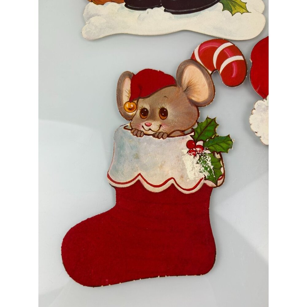 Vintage Christmas Red Velvet Accented Paper Cutout Decoration Mouse Elf Raccoon - Picture 4 of 16
